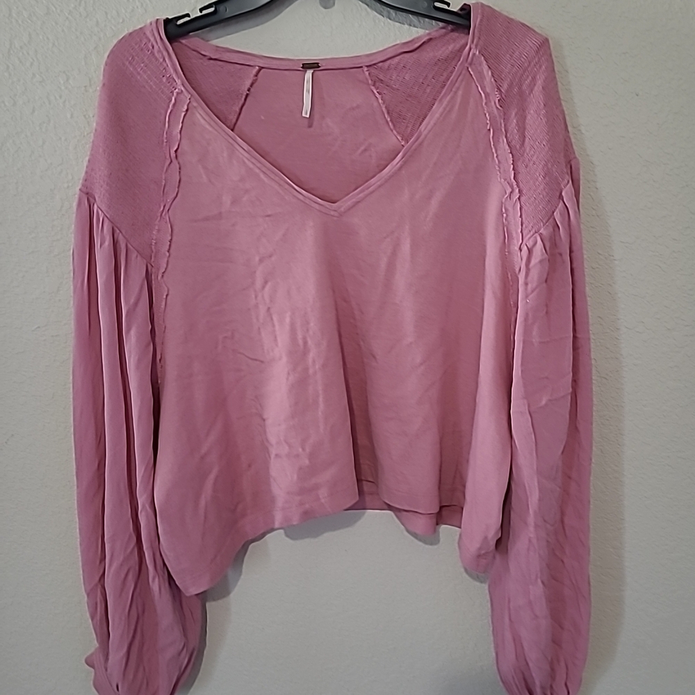 Free People Kathy Smocked Long Sleeve Blouse Blush Rose Size Small